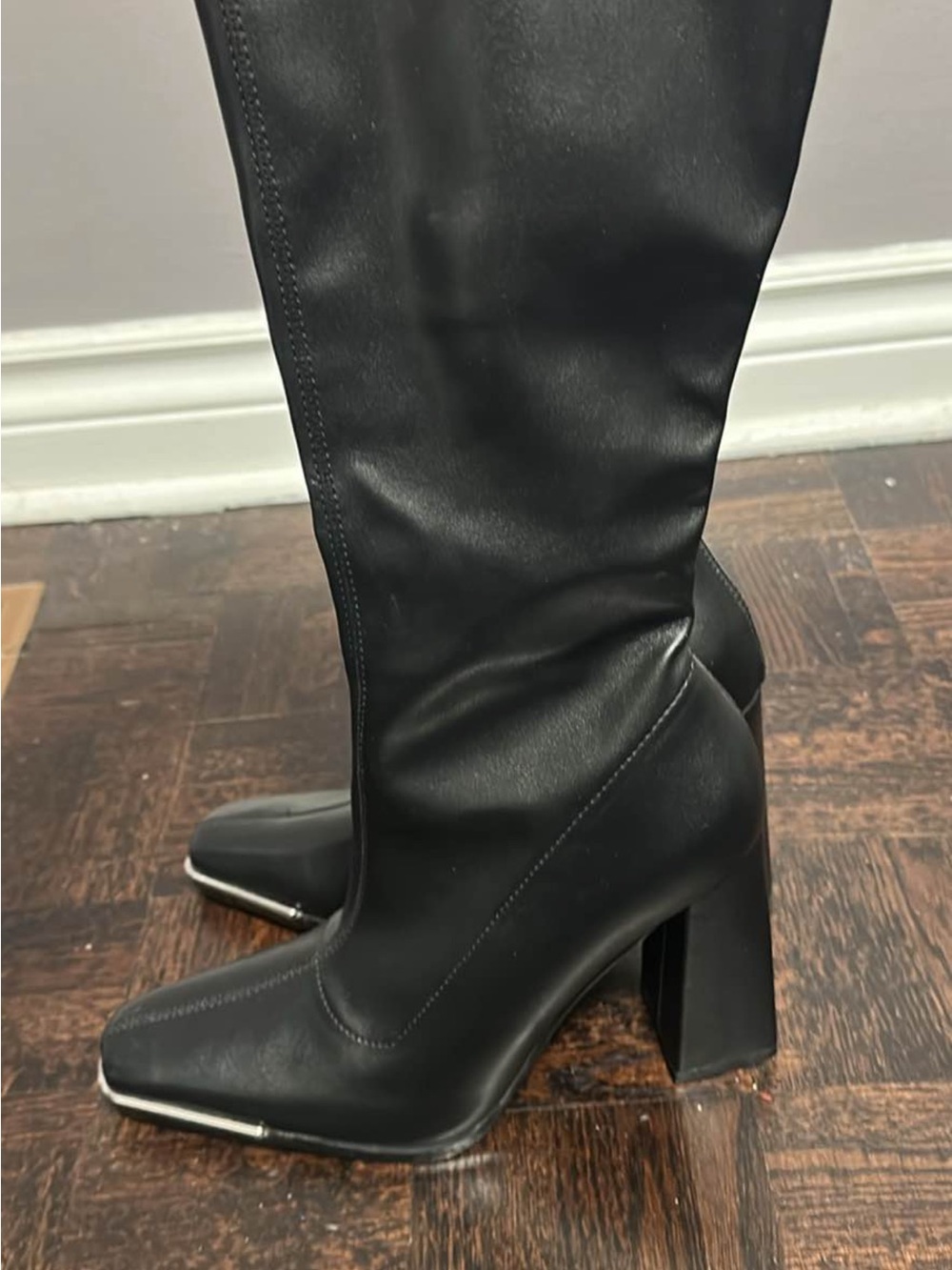 Fashion Nova Black Pointed Toe Block Heel Knee-High Boots